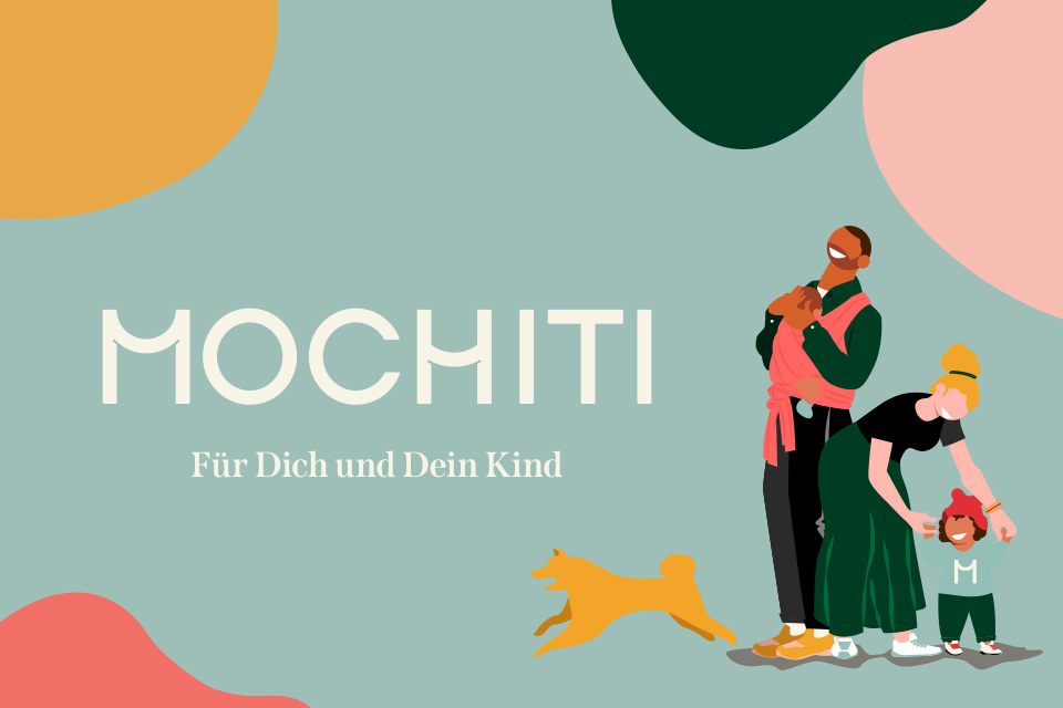 Mochiti Teaser-Bild: Illustration einer Familie, Vater trägt Kind in Tragetuch, Mutter führt Kleinkind an der Hand
