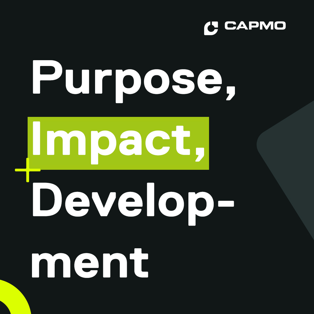 Capmo Design. Aufschrift: Purpose, Impact, Development