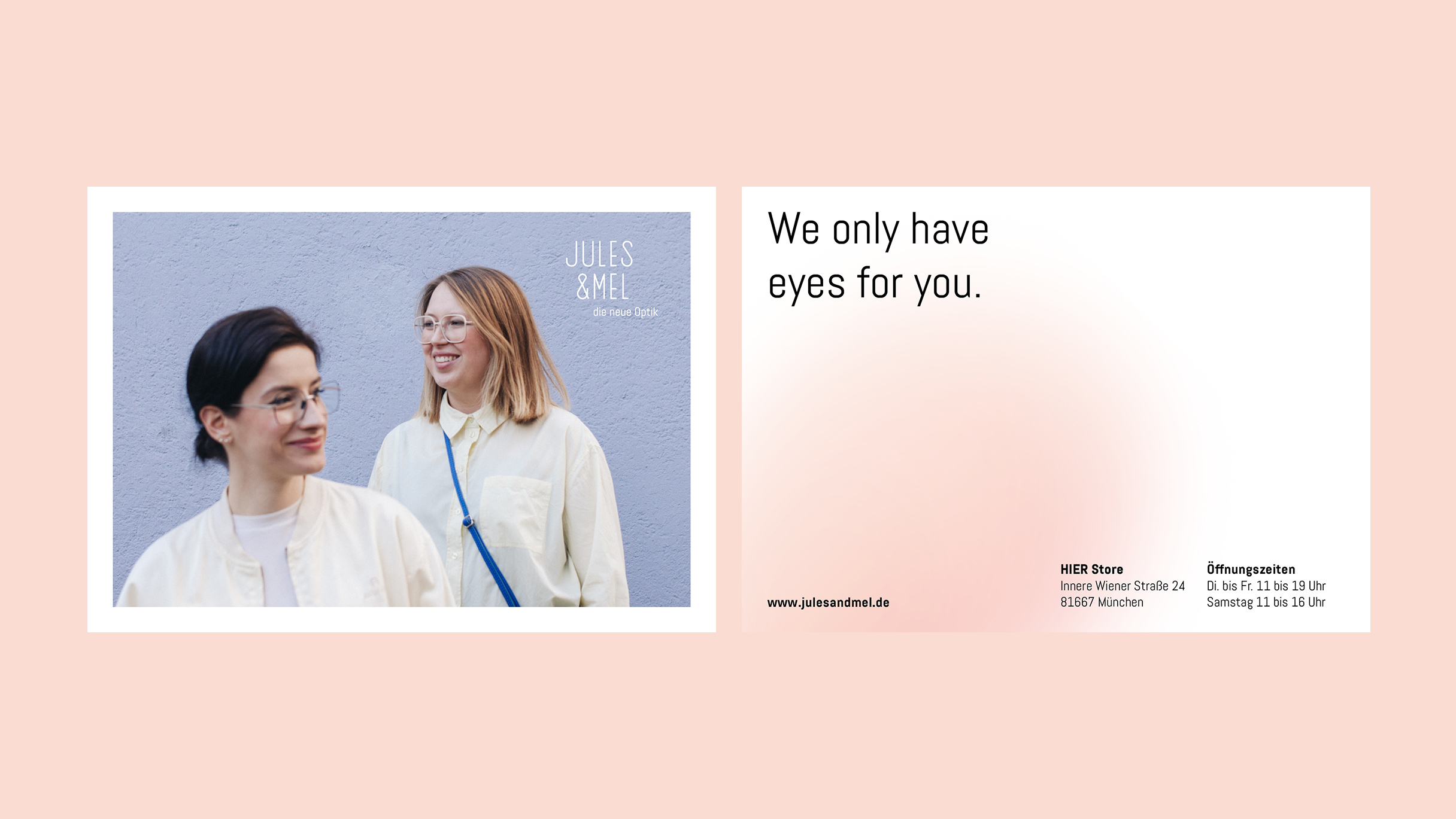 Jules & Mel Postkarte Vorder- und Rückseite auf rose-farbenen Hintergrund