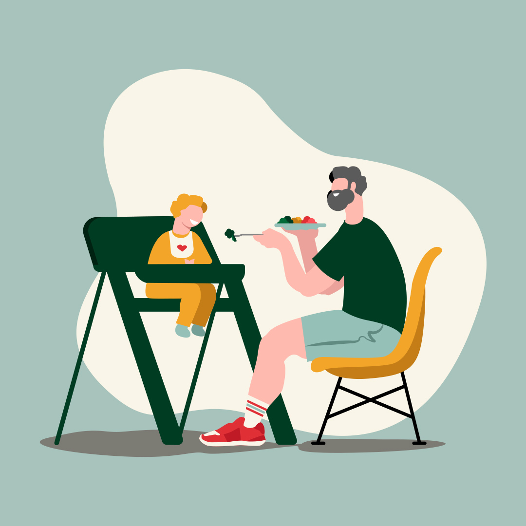 Mochiti Ilustration: Vater sitzt auf Stuhl und füttert sein Kind im Hochstuhl